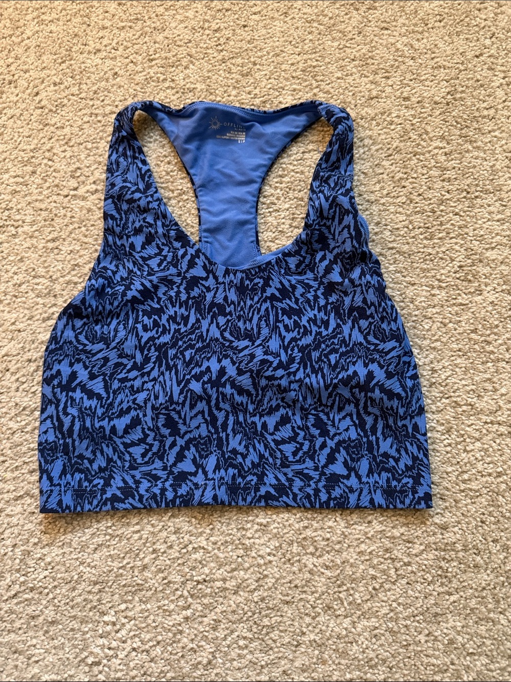 Aerin Blue and Black Patterned Racerback Crop Tank